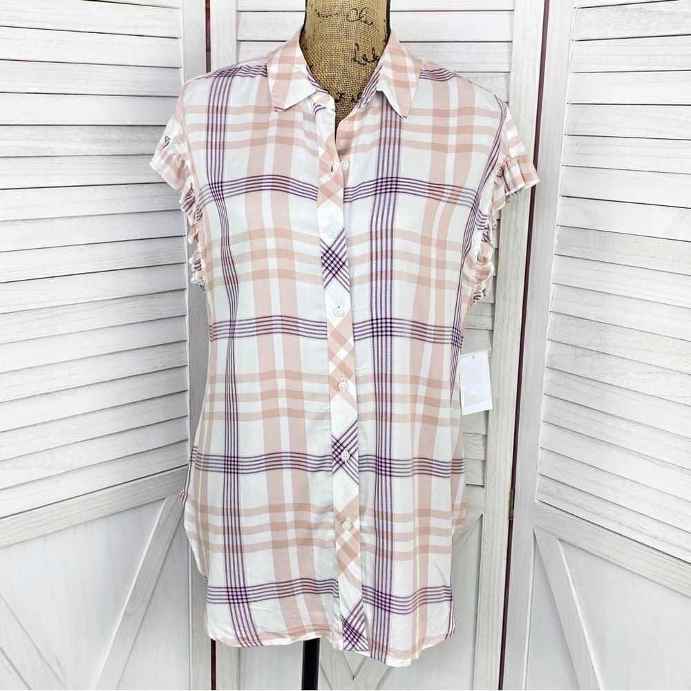 Como‎ Vintage Ruffle Sleeve Plaid Tunic Shirt Peach White Purple Small